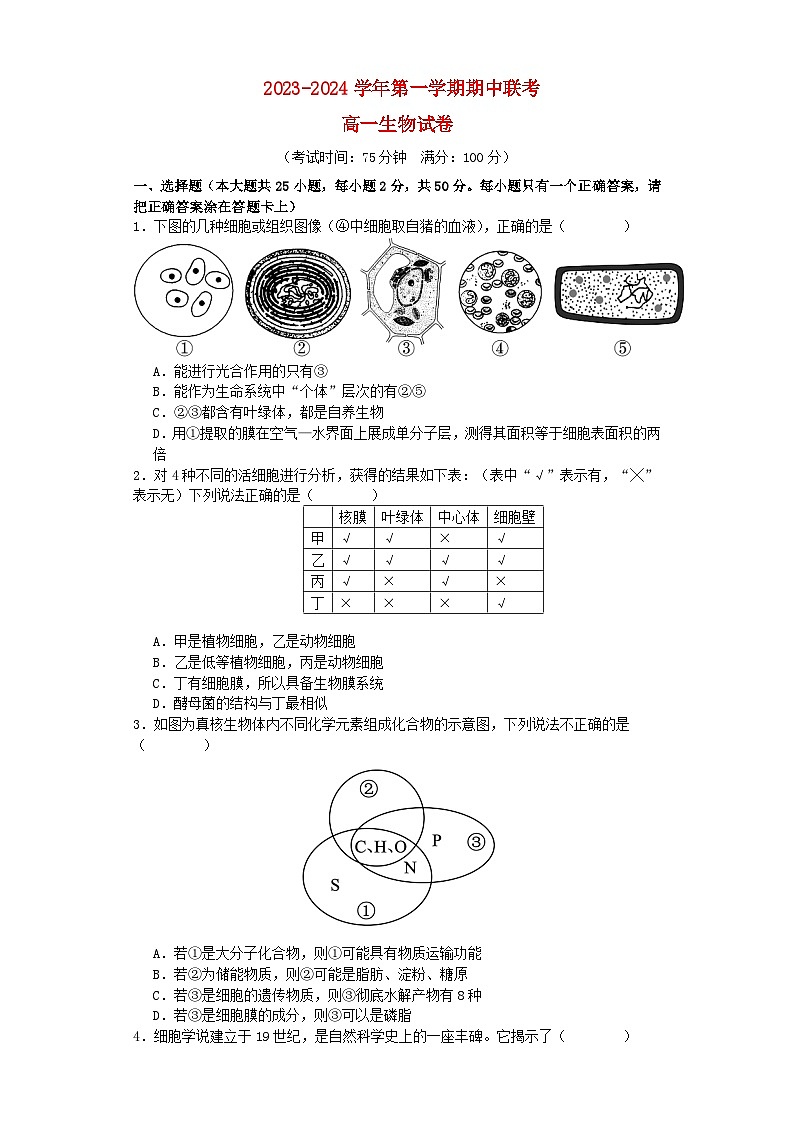 安徽省合肥市2023_2024学年高一生物上学期11月期中试题无答案第1页