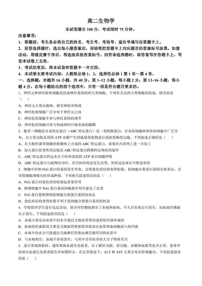 广东省湛江市2024-2025学年高二上学期11月期中考试 生物（含解析）第1页