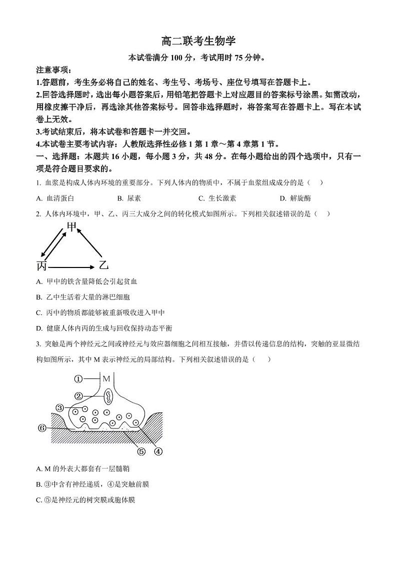 贵州省黔东南苗族侗族自治州2024-2025学年高二上学期11月期中考试生物试题  Word版无答案第1页