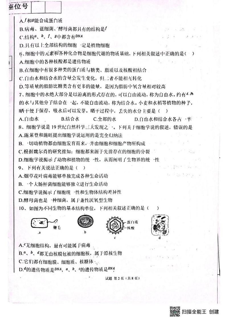 2024～2025学年新疆维吾尔自治区喀什地区莎车县第九中学高一(上)12月月考生物试卷(无答案)第2页