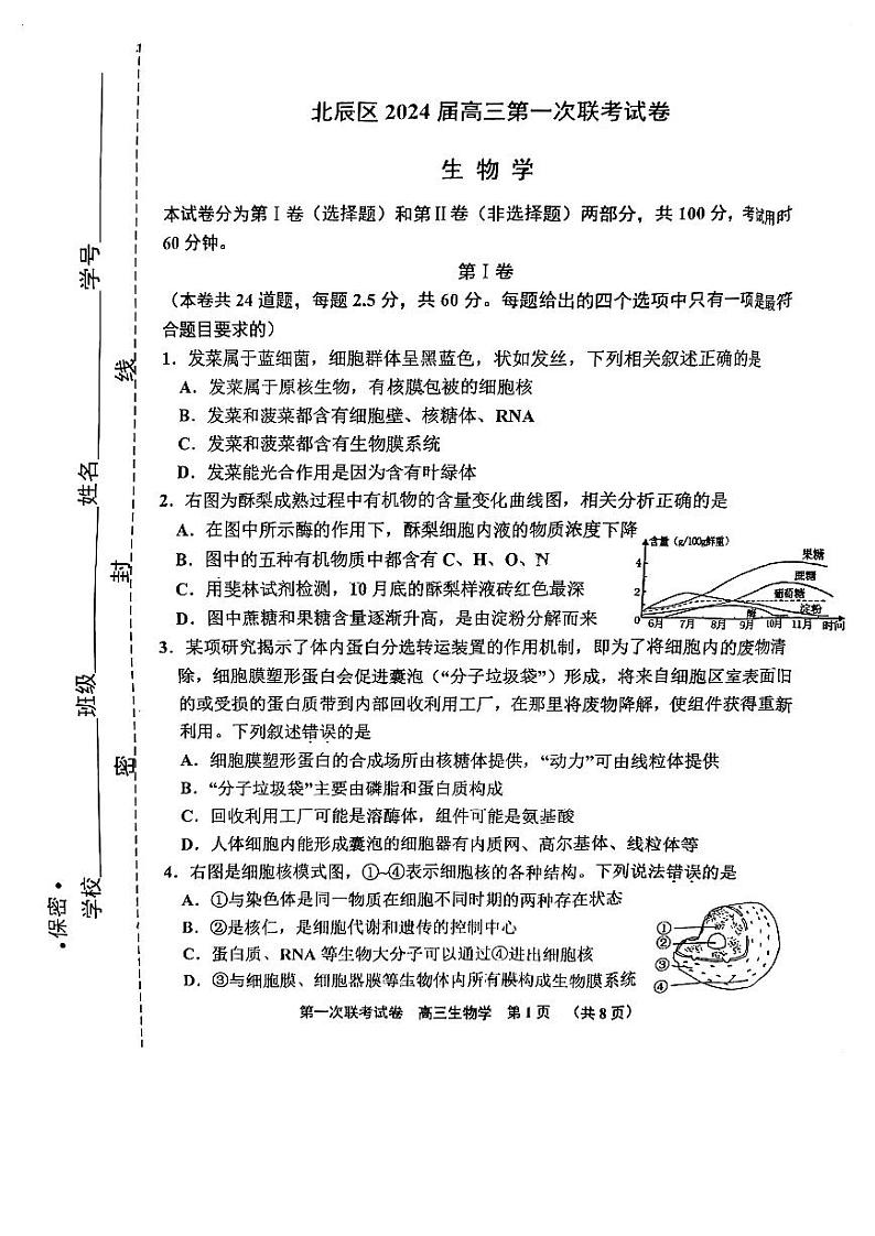 天津市北辰区2023_2024学年高三生物上学期第一次联考期中试题pdf第1页