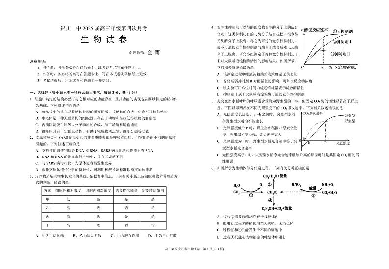 宁夏回族自治区银川一中2025届高三上学期12月考-生物试卷+答案第1页