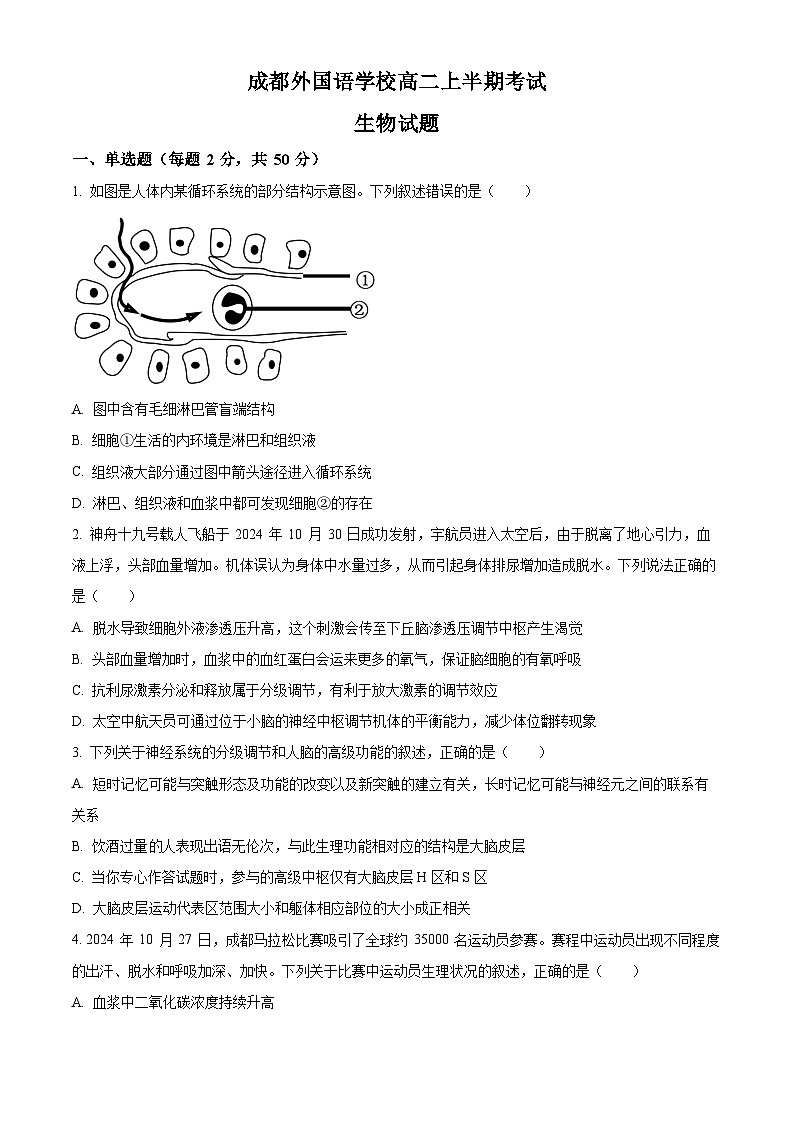 四川省成都外国语学校2024-2025学年高二上学期期中检测生物试题 Word版无答案第1页
