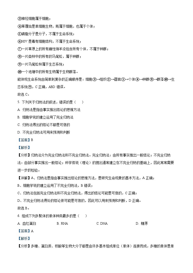 四川省成都外国语学校2024-2025学年高一上学期期中检测生物试题 Word版含解析第3页