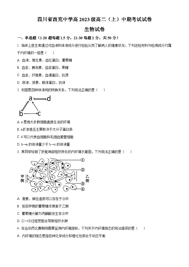 四川省南充市西充中学2024-2025学年高二上学期期中考试生物试题 Word版无答案第1页