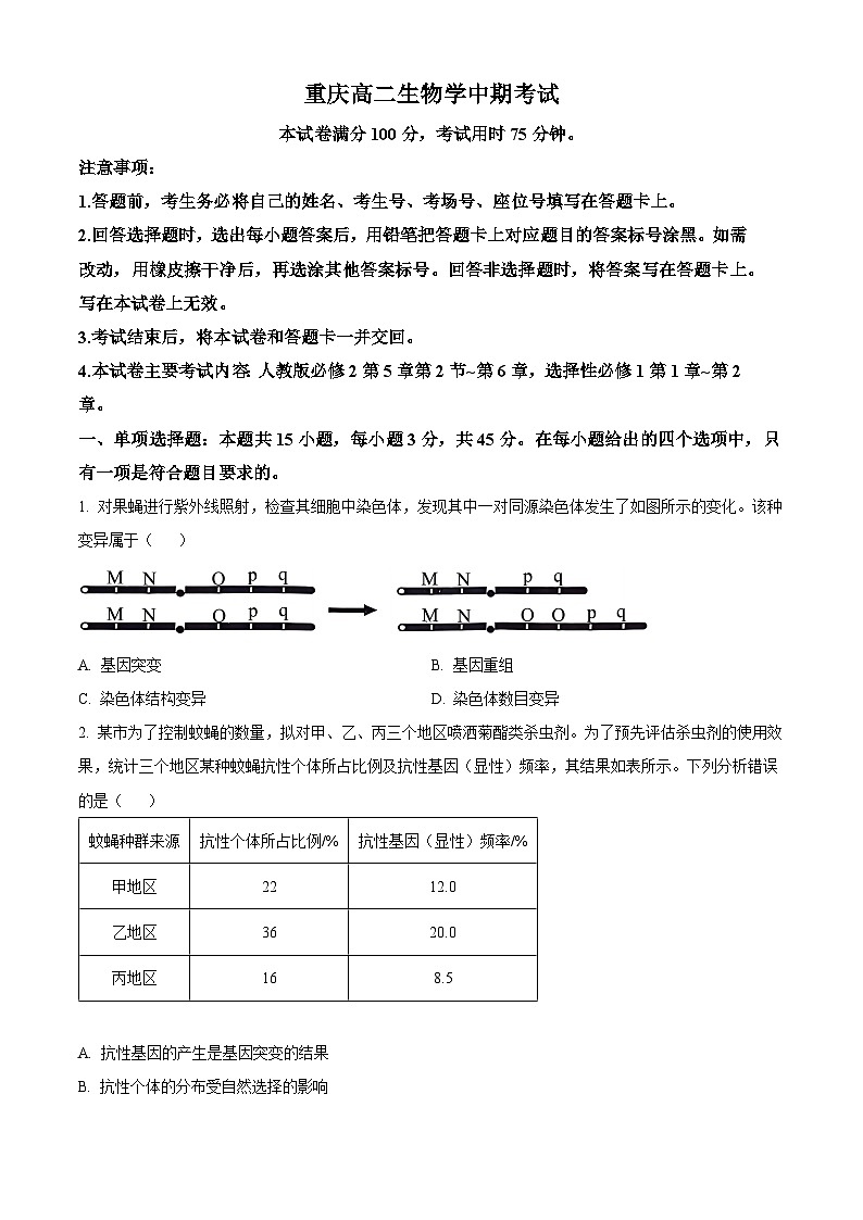 重庆市万州第三中学等50多校2024-2025学年高二上学期期中考试生物学试卷 Word版无答案第1页