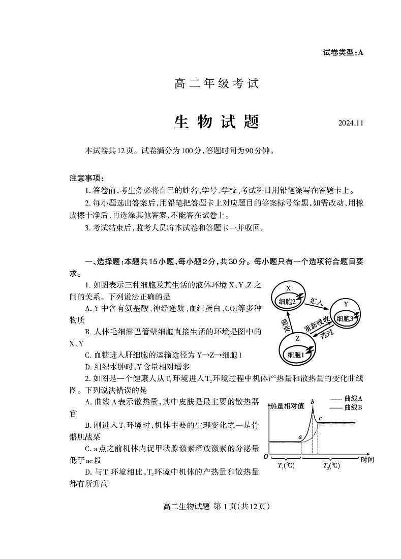 （教研室提供）山东省泰安市2024-2025学年高二上学期期中考试生物试题第1页