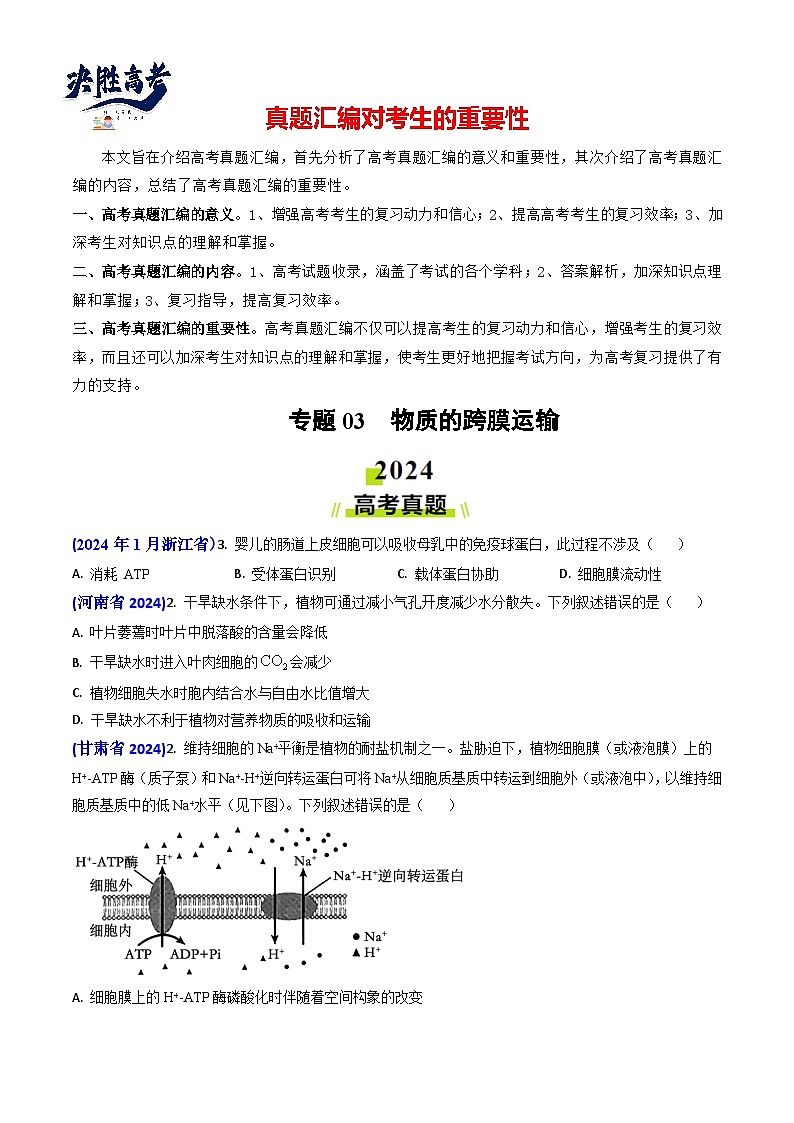 专题03 物质的跨膜运输-【真题汇编】2024年高考生物真题和模拟题分类汇编(学生卷）第1页