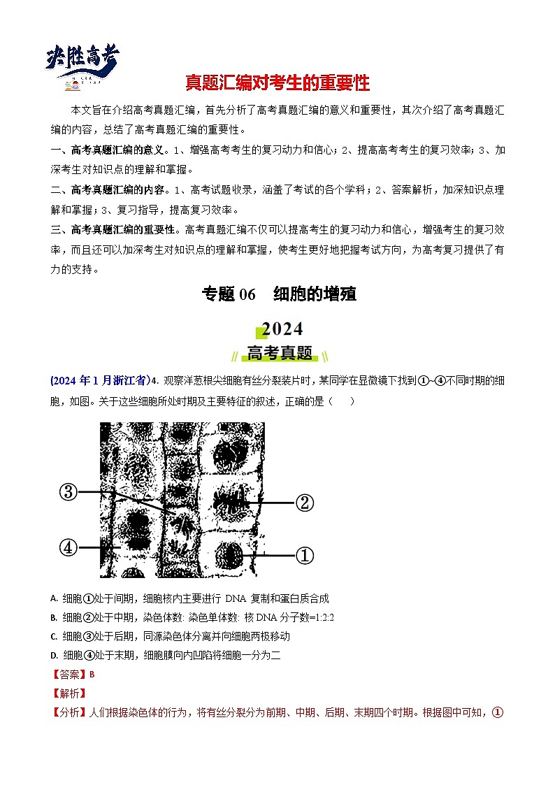 专题06 细胞的增殖-【真题汇编】2024年高考生物真题和模拟题分类汇编（教师卷）第1页