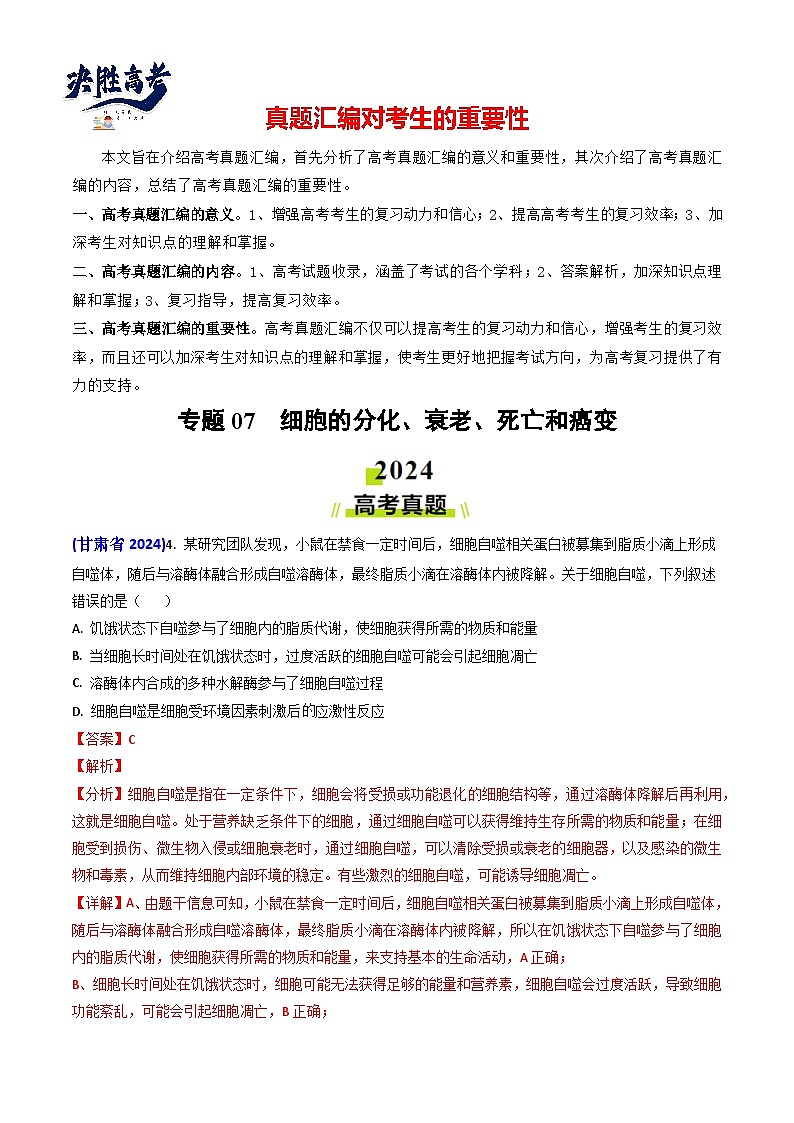 专题07 细胞的分化、衰老、死亡和癌变-【真题汇编】2024年高考生物真题和模拟题分类汇编（教师卷）第1页