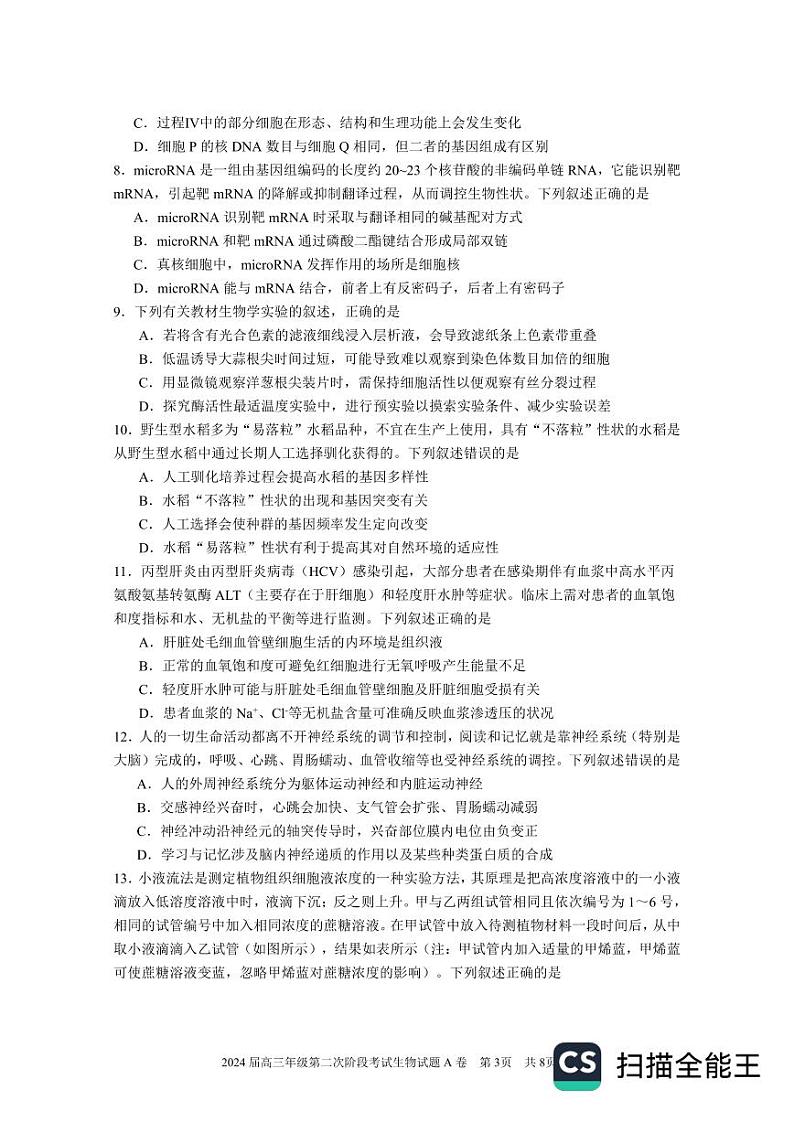 2025深圳深圳中学高三上学期12月月考试题生物PDF版含答案第3页