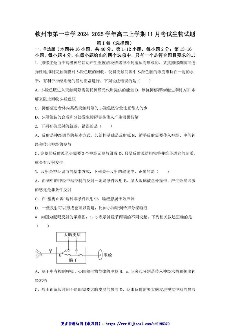 2024～2025学年广西钦州市第一中学高二(上)11月考试生物试卷(含答案)第1页