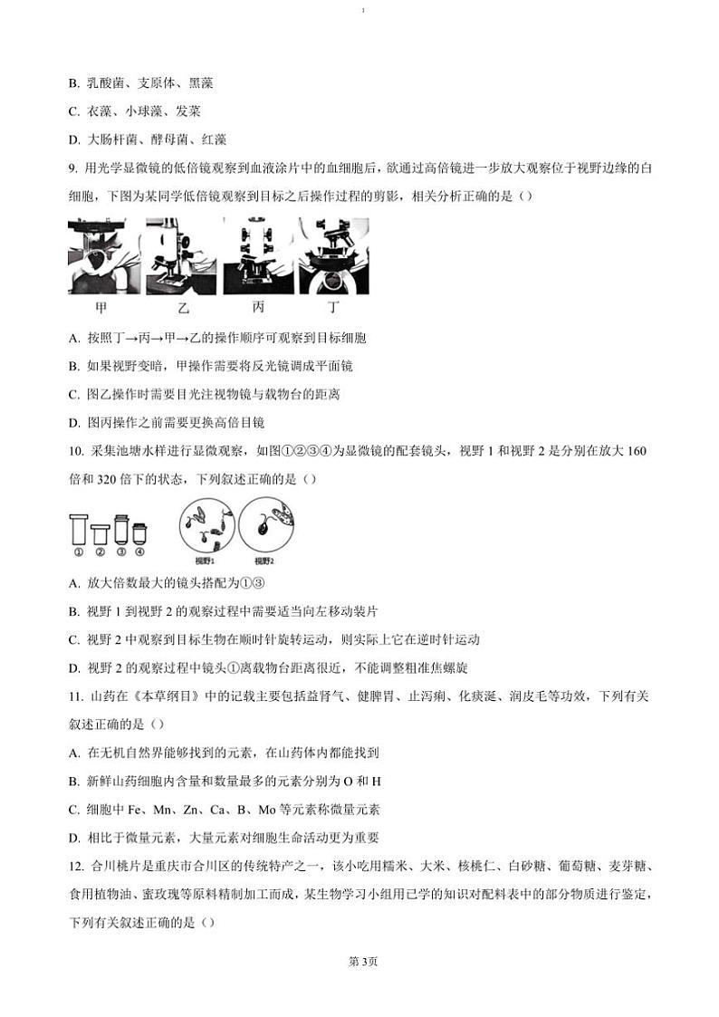 2024～2025学年重庆市巴蜀中学教育集团高一(上)期中生物试卷(含答案)第3页