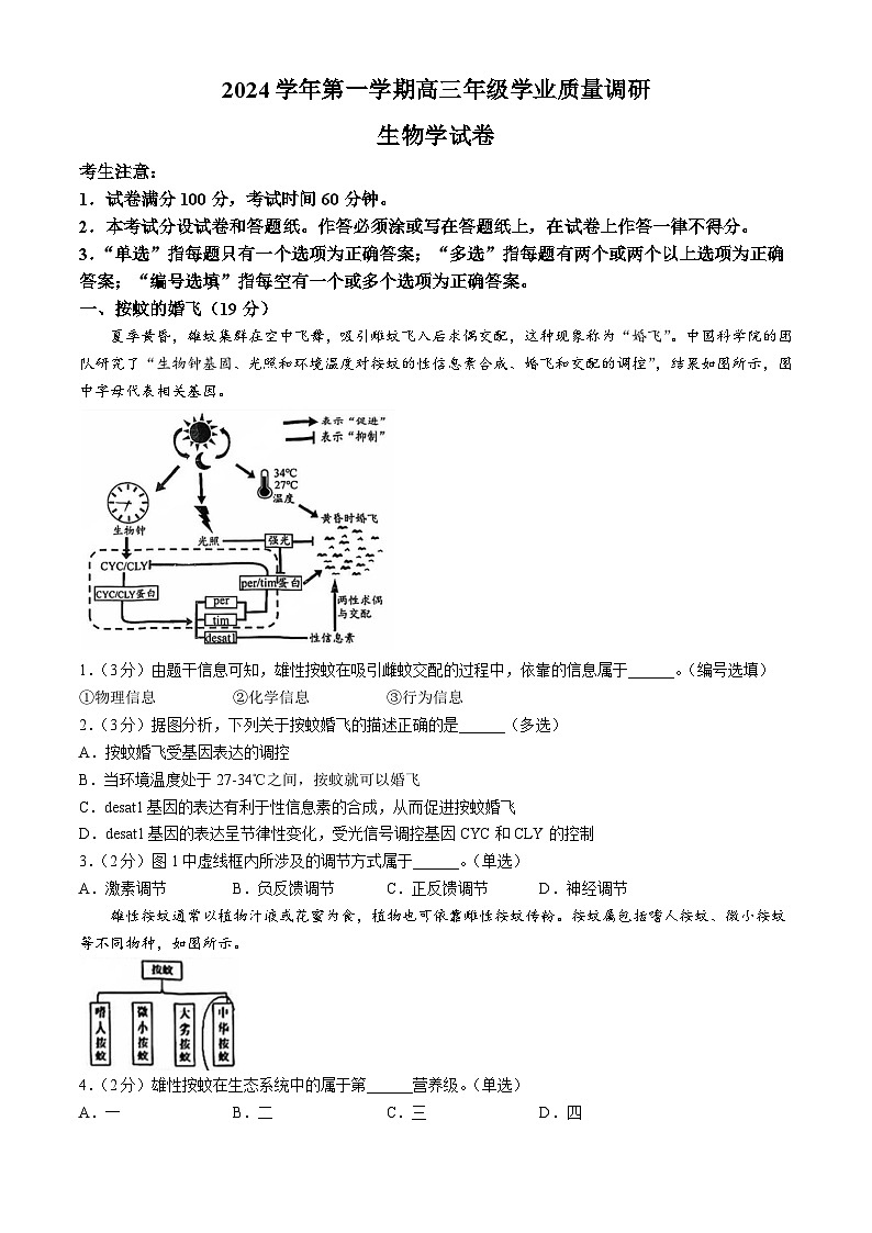 2025上海奉贤区高三上学期一模生物试题含答案第1页