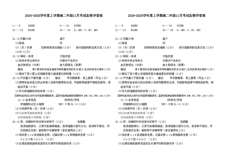 2024-2025学年度上学期高二年级11月考试生物学答案第1页