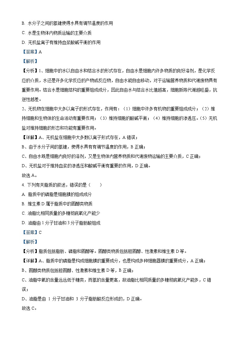 浙江省宁波市余姚中学2024-2025学年高一上学期期中考试生物试题 Word版含解析第2页