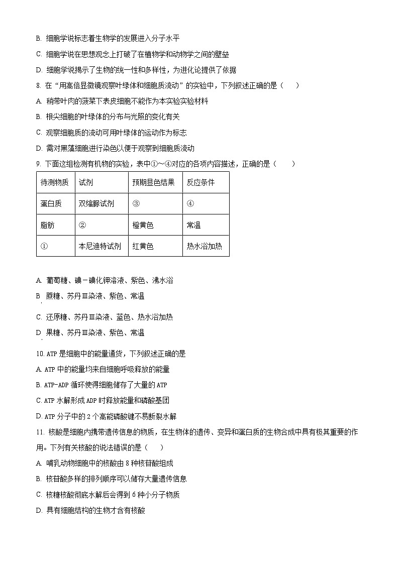 浙江省宁波市余姚中学2024-2025学年高一上学期期中考试生物试题 Word版无答案第2页