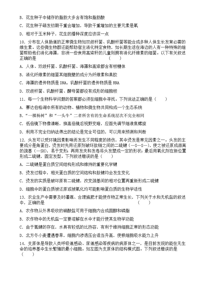 山东省济南市章丘第四中学2024-2025学年高一上学期10月月考生物试题-A4第3页