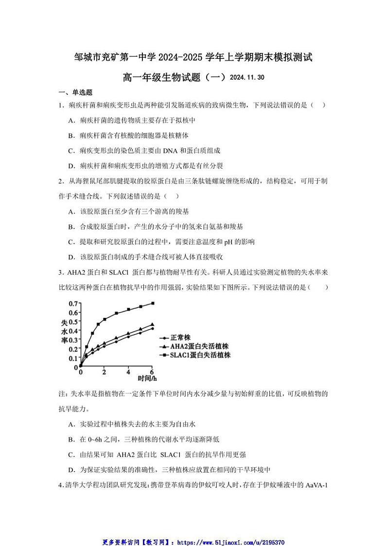 2024～2025学年山东省济宁市邹城市兖矿第一中学高一(上)期末模拟测试生物试卷(一)(含答案)第1页