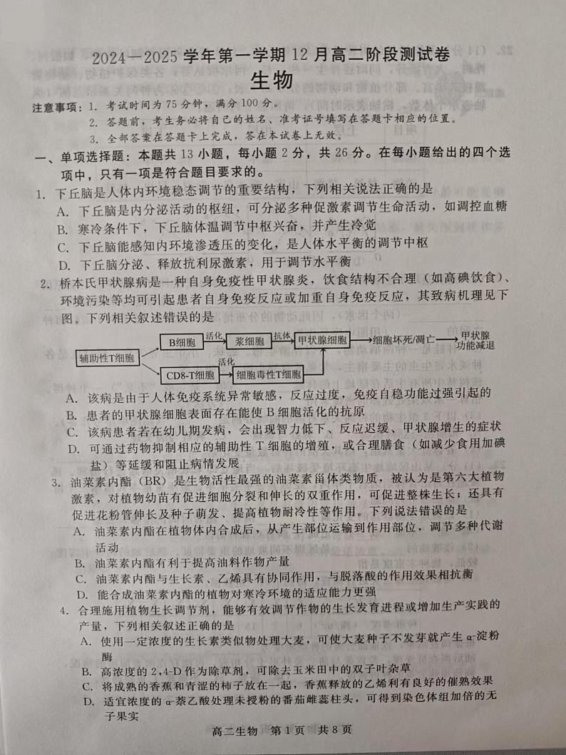 河北省张家口市尚义县第一中学等校2024-2025学年高二上学期12月月考生物试题第1页