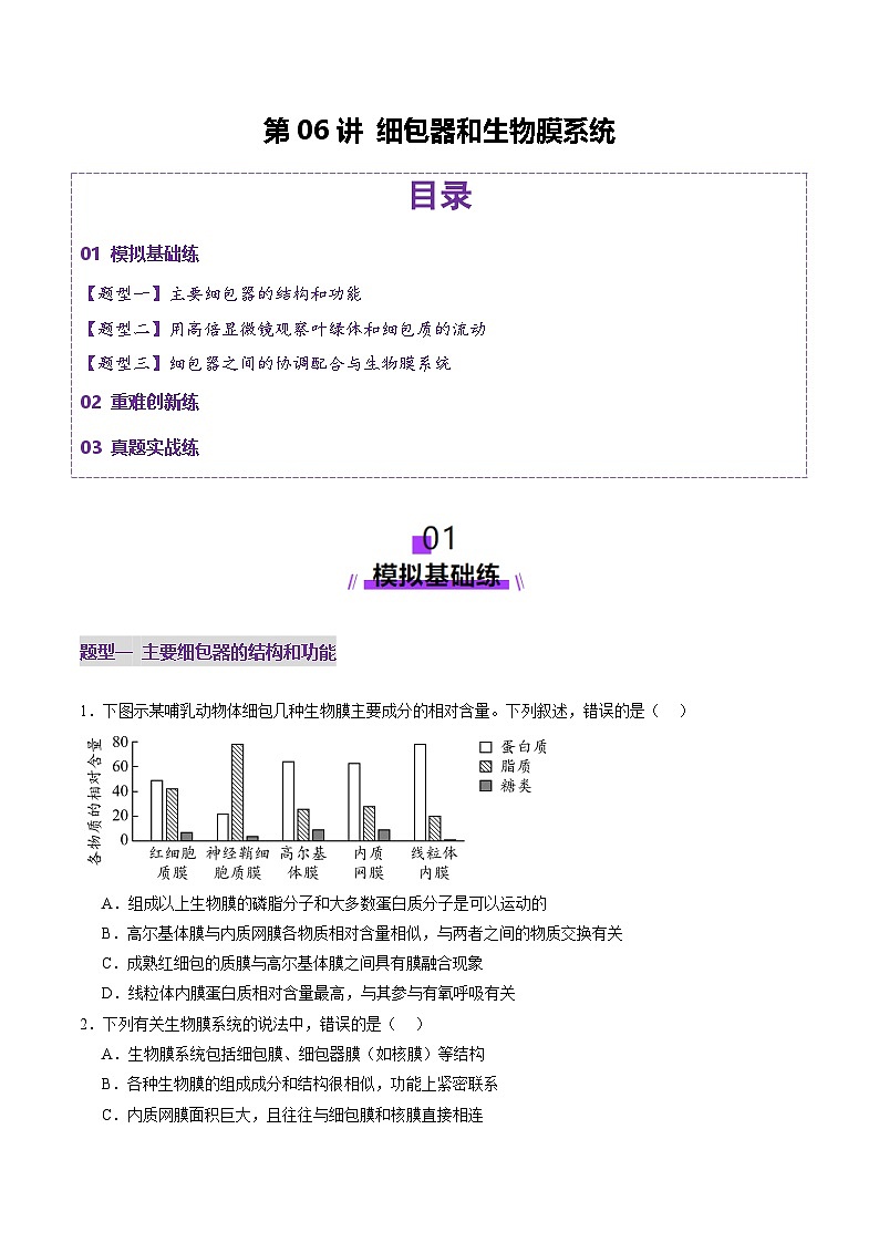 2025年新高考生物一轮复习第2单元细胞的结构、功能和物质运输第06讲细胞器和生物膜系统（练习）（学生版）第1页