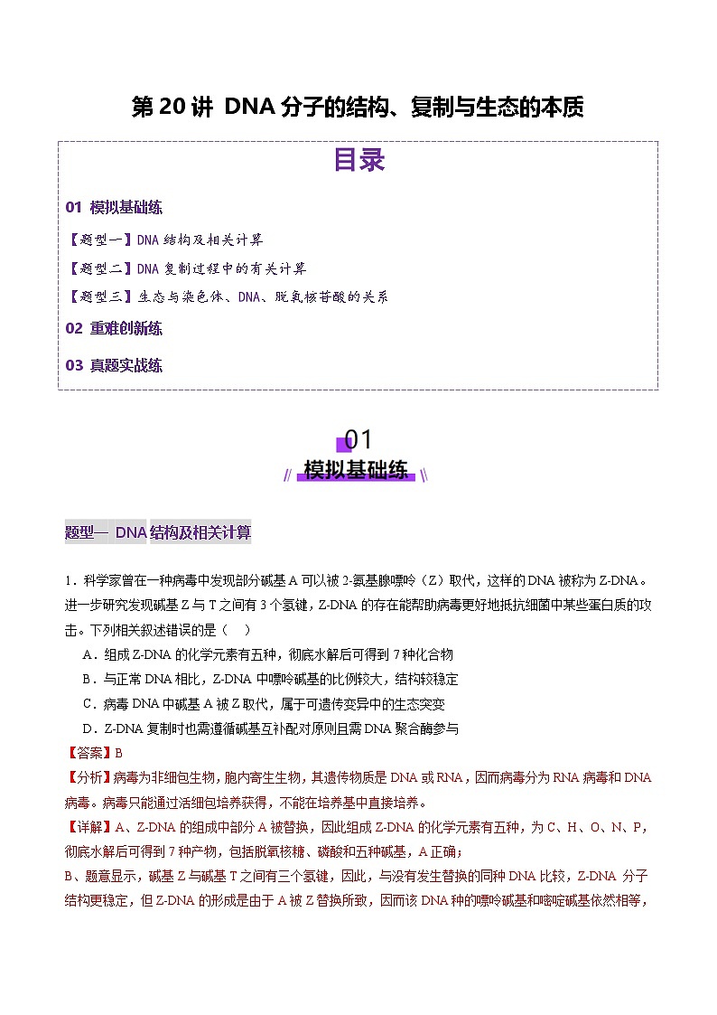 2025年新高考生物一轮复习第6单元遗传的分子基础第20讲DNA分子的结构、复制与基因的本质（练习）（教师版）第1页