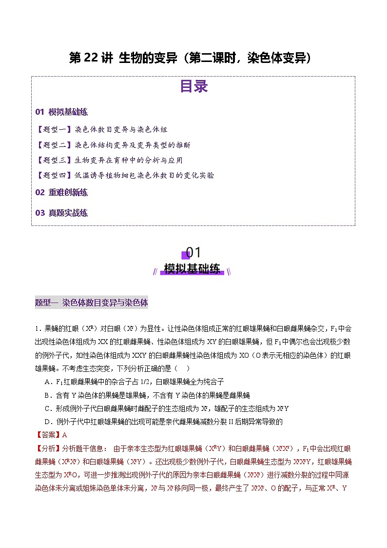 2025年新高考生物一轮复习第7单元生物的变异和进化第22讲生物的变异（第二课时，染色体变异）（练习）（教师版）第1页