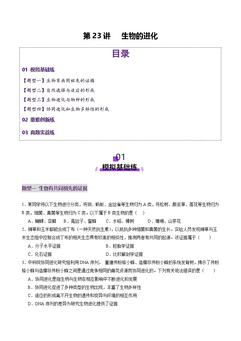 2025年新高考生物一轮复习第7单元生物的变异和进化第23讲生物的进化（练习）（学生版）第1页