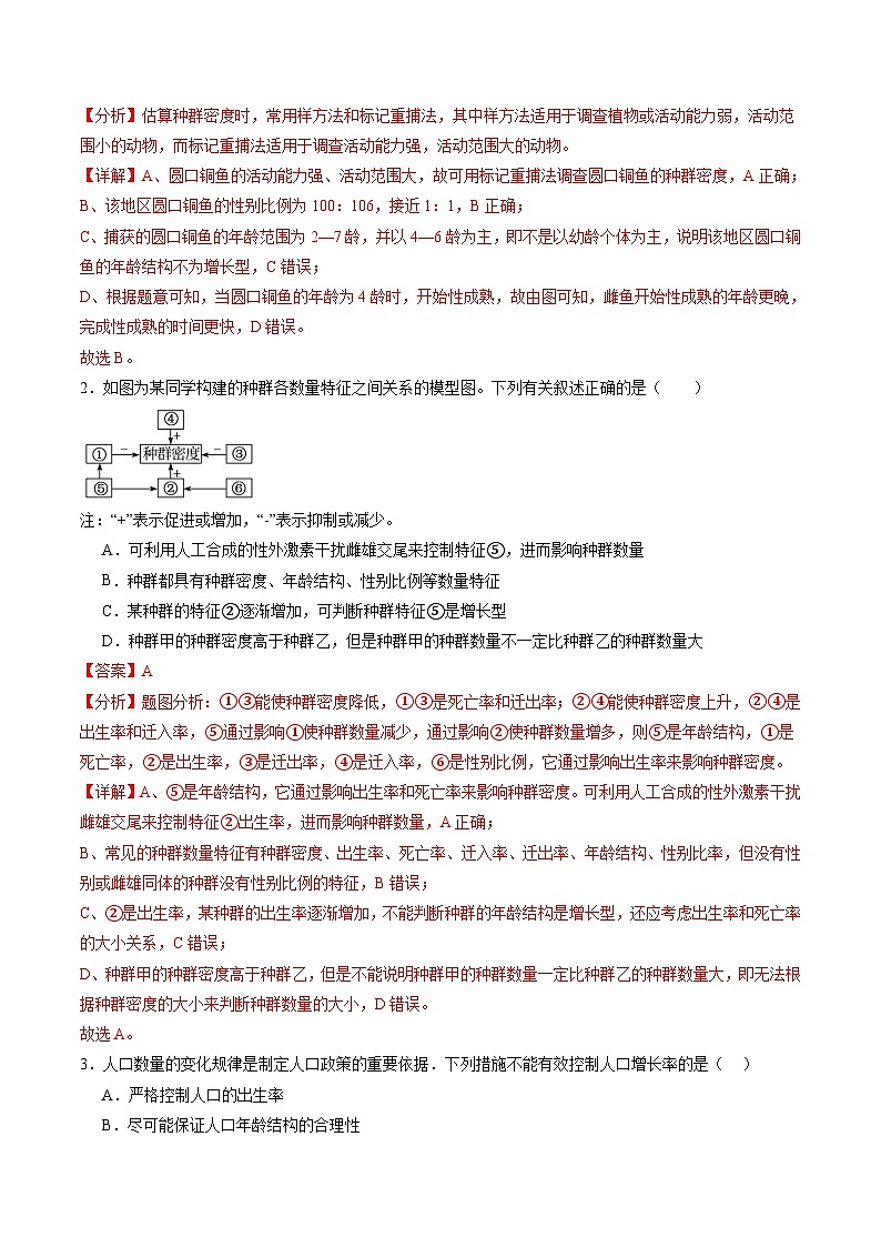 2025年新高考生物一轮复习第9单元生物与环境第32讲种群及其动态（第一课时，种群的数量特征）（练习）（教师版）第2页