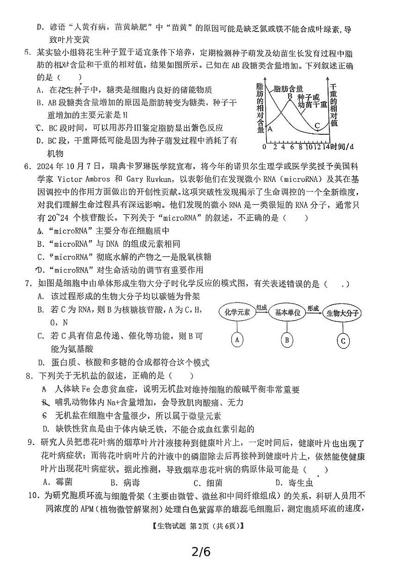 安徽省江淮名校2024-2025学年高一上学期11月期中考试生物试题第2页