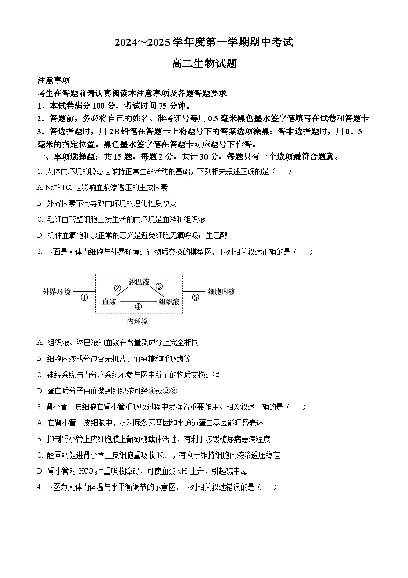 江苏省徐州市2024-2025学年高二上学期期中考试生物试题无答案第1页