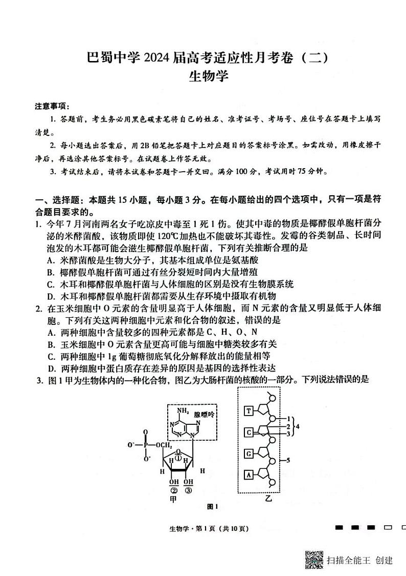 重庆市2024届高三生物上学期适应性月考卷二试题pdf第1页