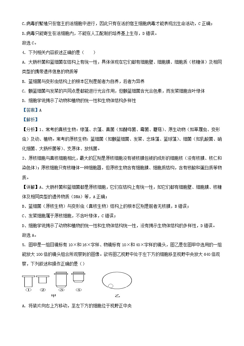 重庆市万州区2023_2024学年高一生物上学期10月月考试题含解析第3页