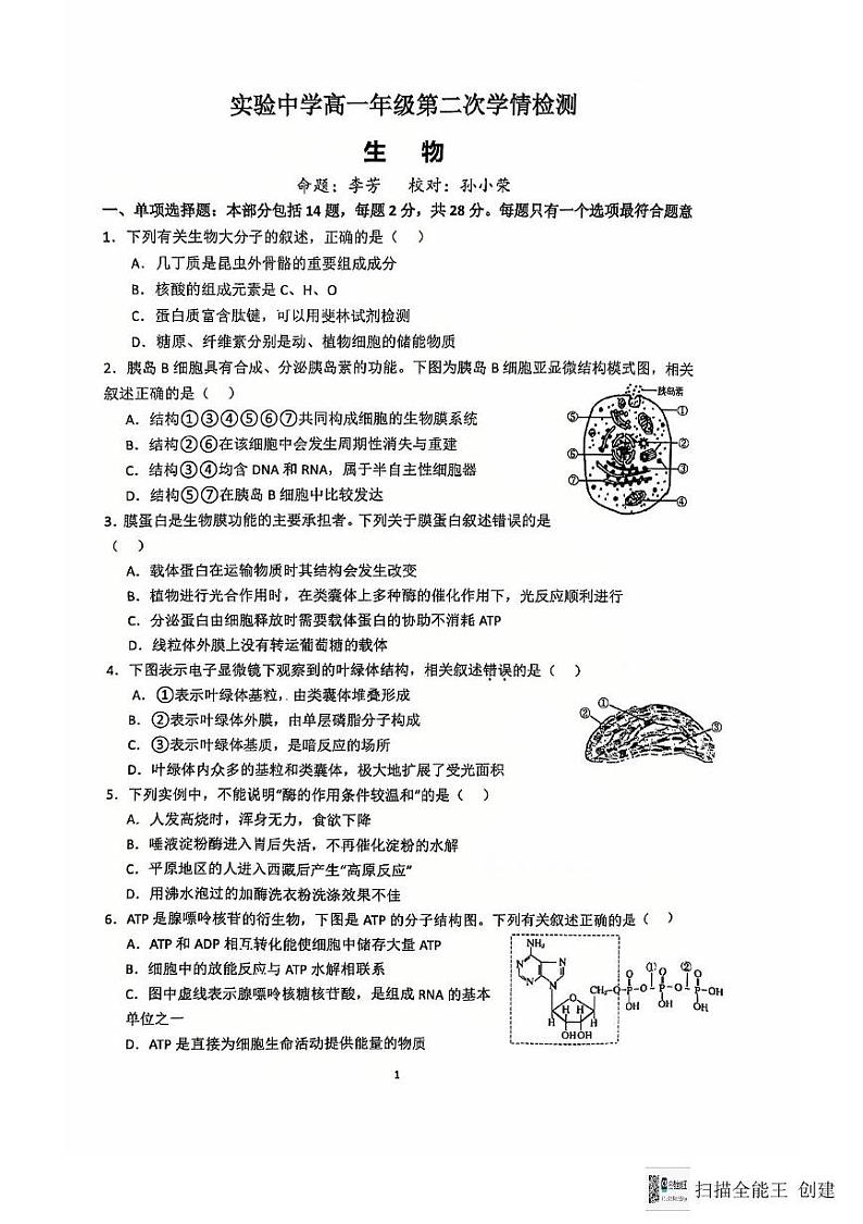江苏省南通市海安市实验中学2024-2025学年高一上学期12月月考生物试题第1页
