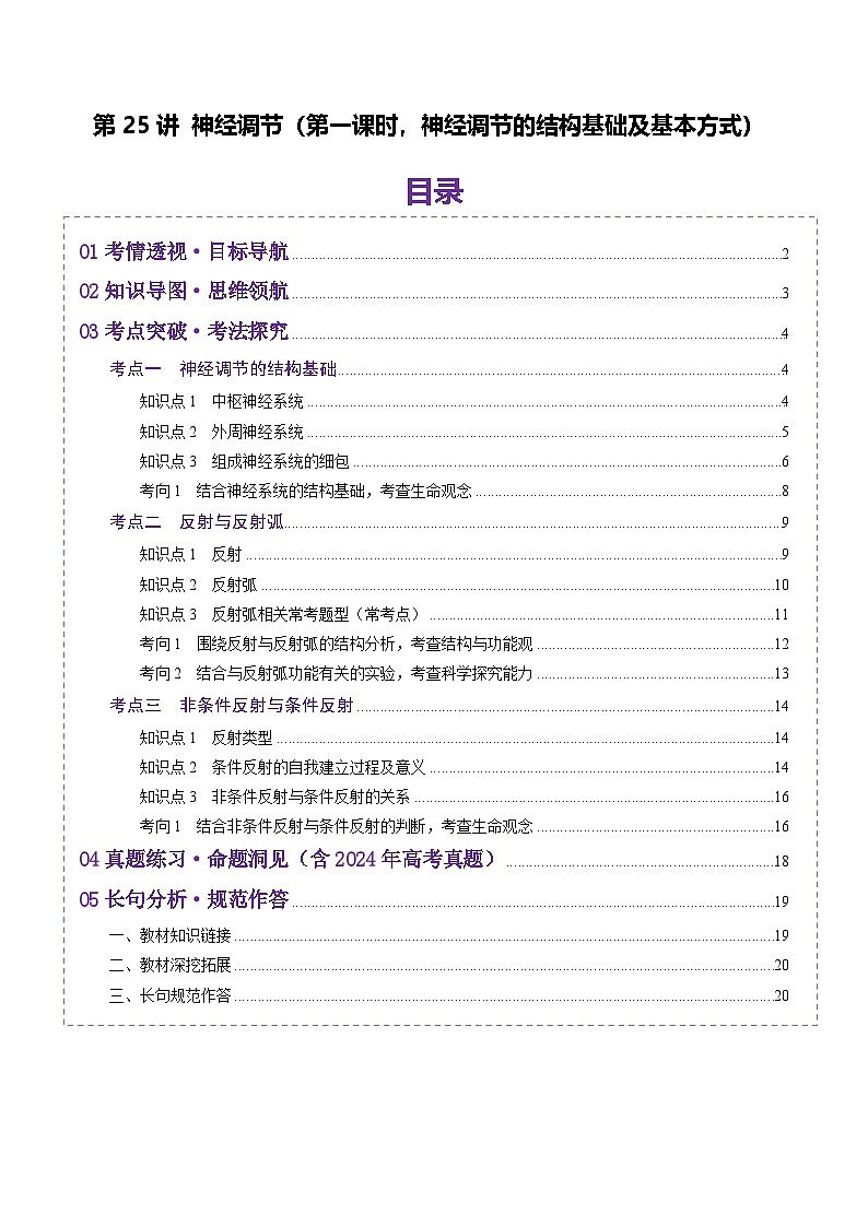 2025年新高考生物一轮复习第8单元稳态与调节第25讲神经调节（第一课时，神经调节的结构基础及基本方式）（讲义）（学生版）第1页