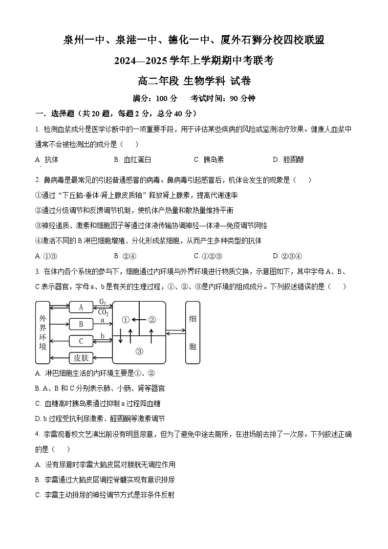 福建省四校联盟2024-2025学年高二上学期11月期中联考生物试题无答案第1页