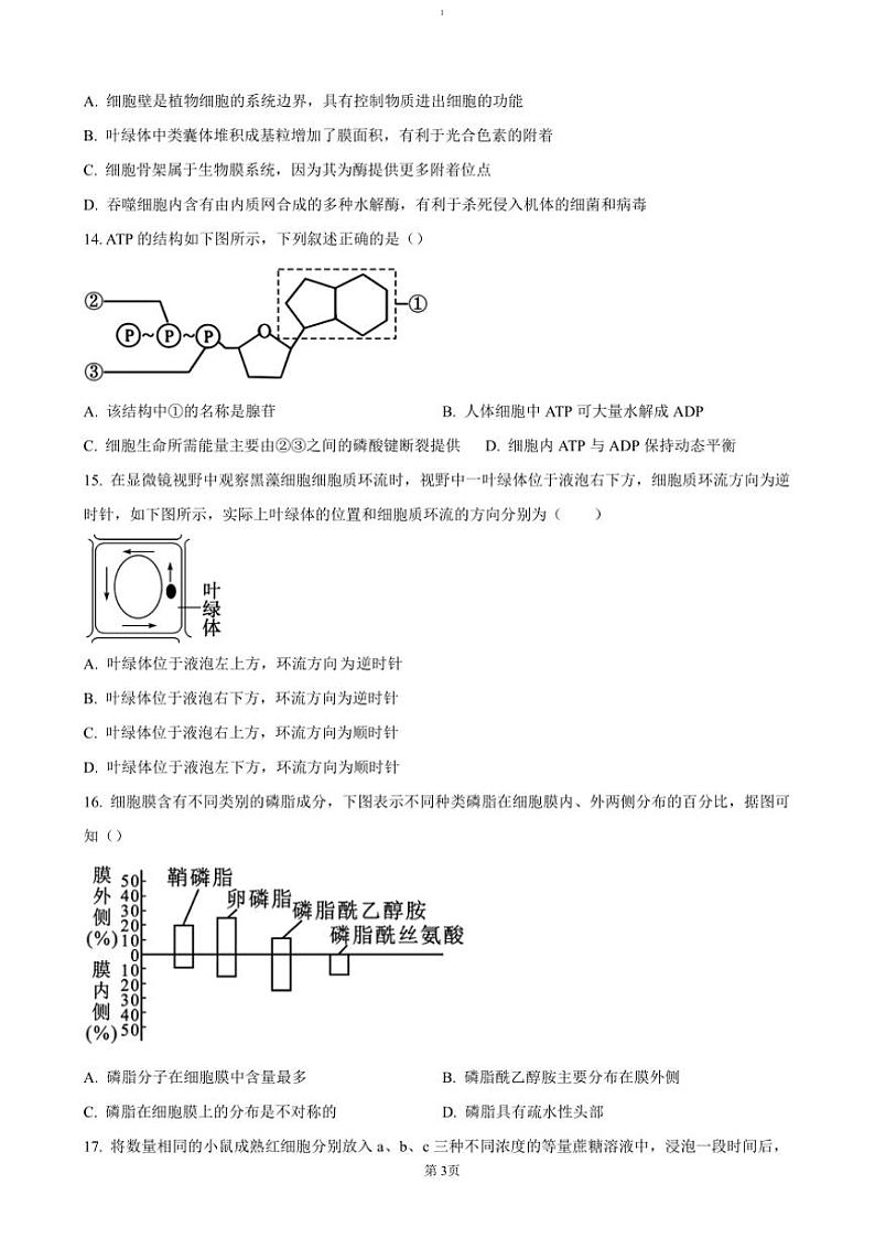 2024～2025学年浙江省台金七校联盟高一(上)期中联考(月考)生物试卷(含答案)第3页