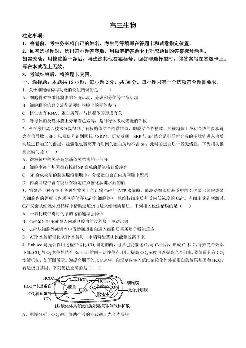 山东省威海市文登区2025届高三上学期高考12月第一次模拟考-生物试题+答案第1页
