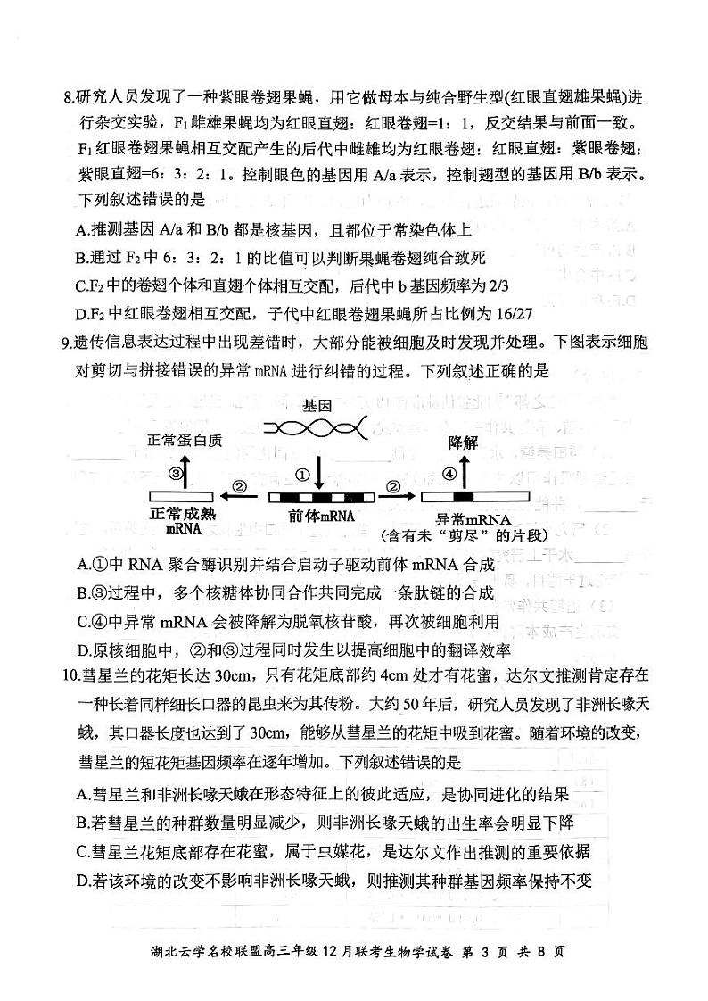 湖北云学名校联盟2025届高三年级12月联考生物第3页
