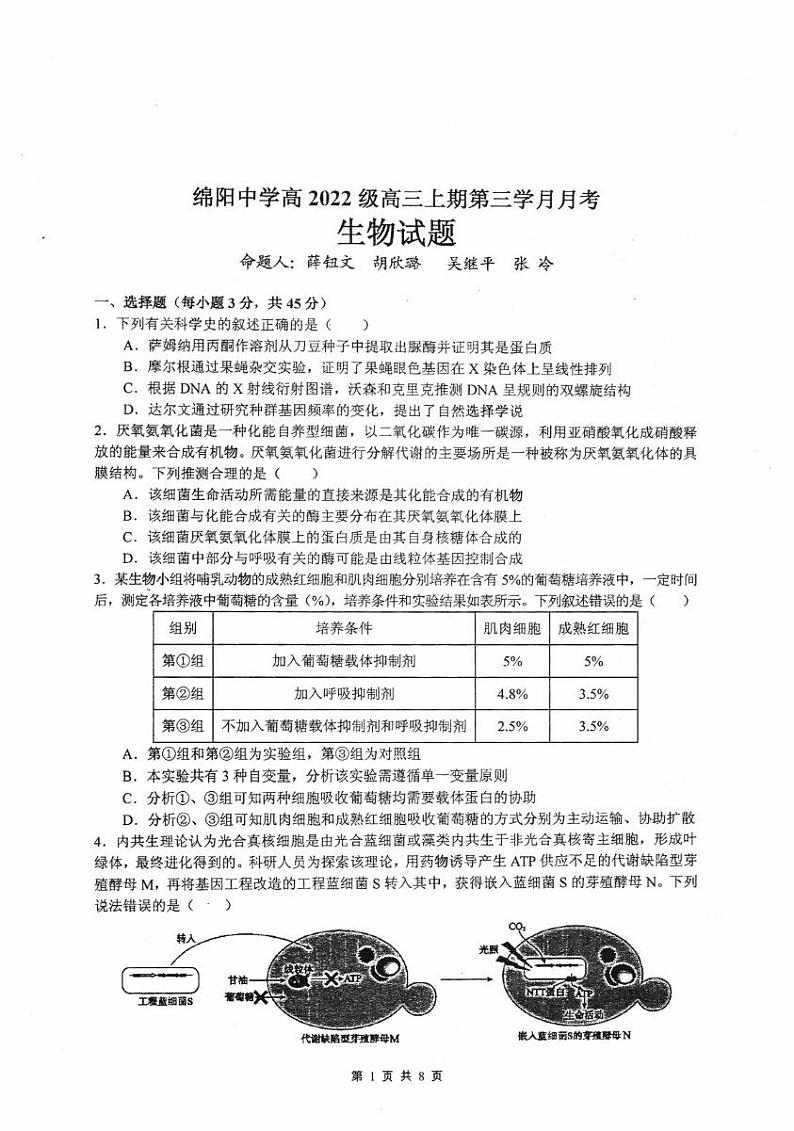 四川省绵阳市涪城区四川省绵阳中学2024-2025学年高三上学期12月月考生物试题第1页