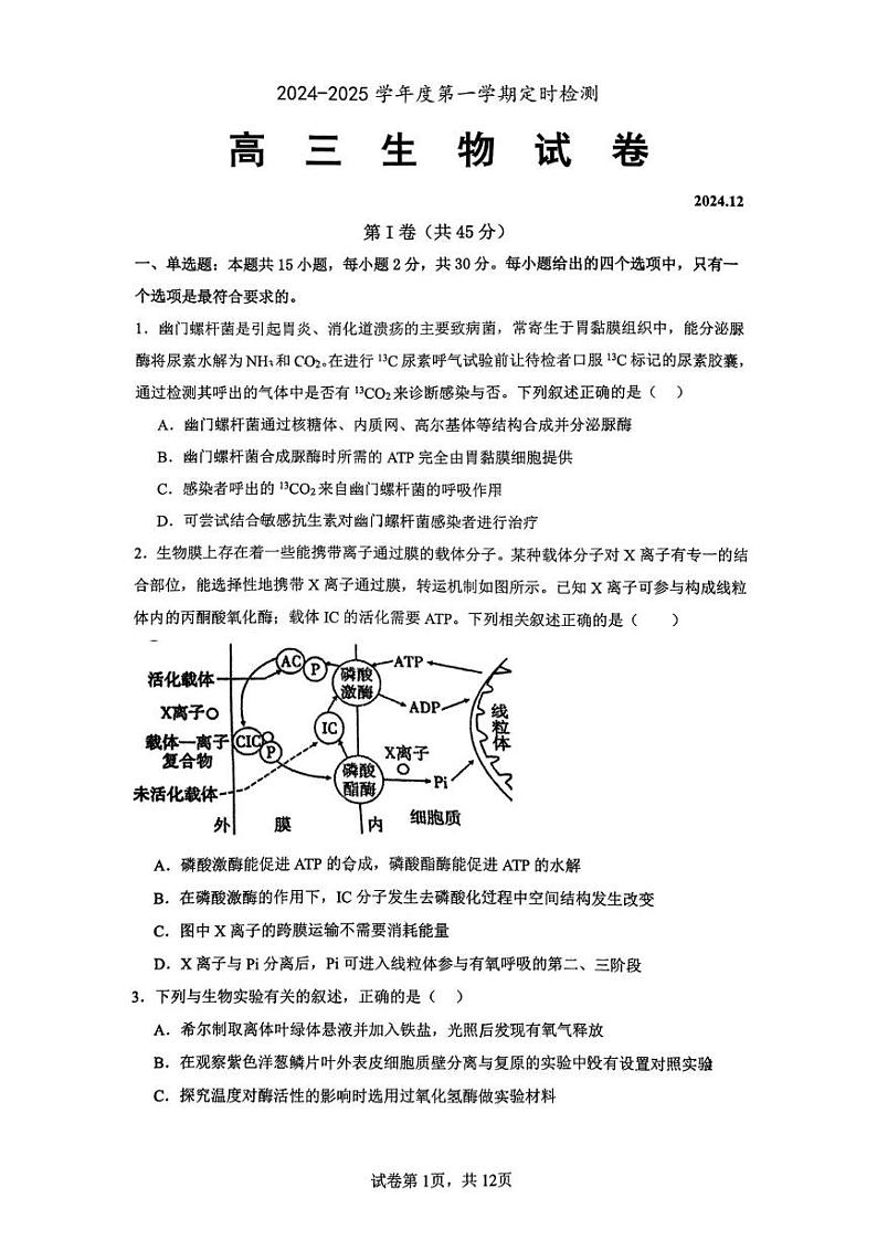 山东省枣庄市滕州市山东省滕州市第一中学2024-2025学年高三上学期12月月考生物试题第1页
