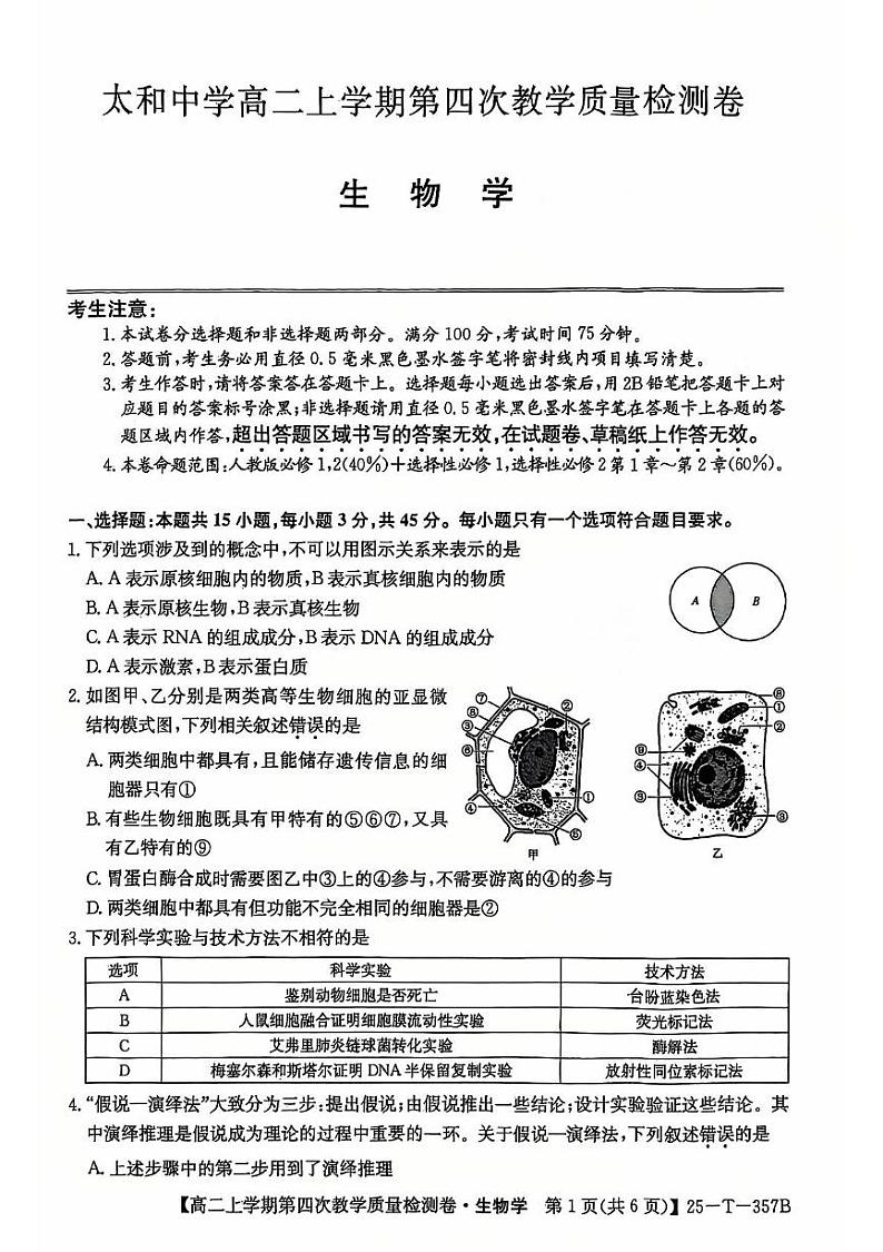 安徽省阜阳市太和县太和中学2024-2025学年高二上学期12月月考生物试题第1页