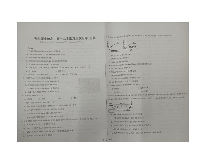 山东省济宁市金乡县青华园实验高中2024-2025学年高一上学期第三次月考生物试题第1页