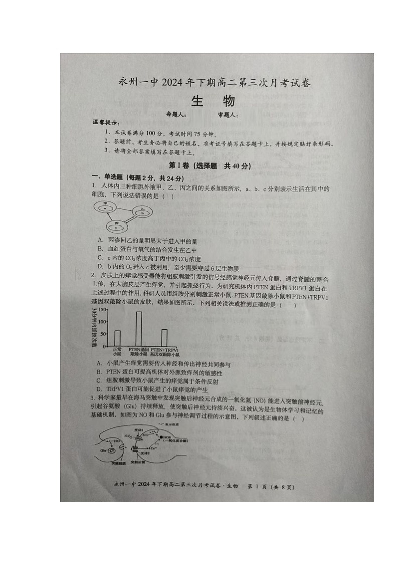 湖南省永州市第一中学2024-2025学年高二上学期第三次月考生物试题第1页