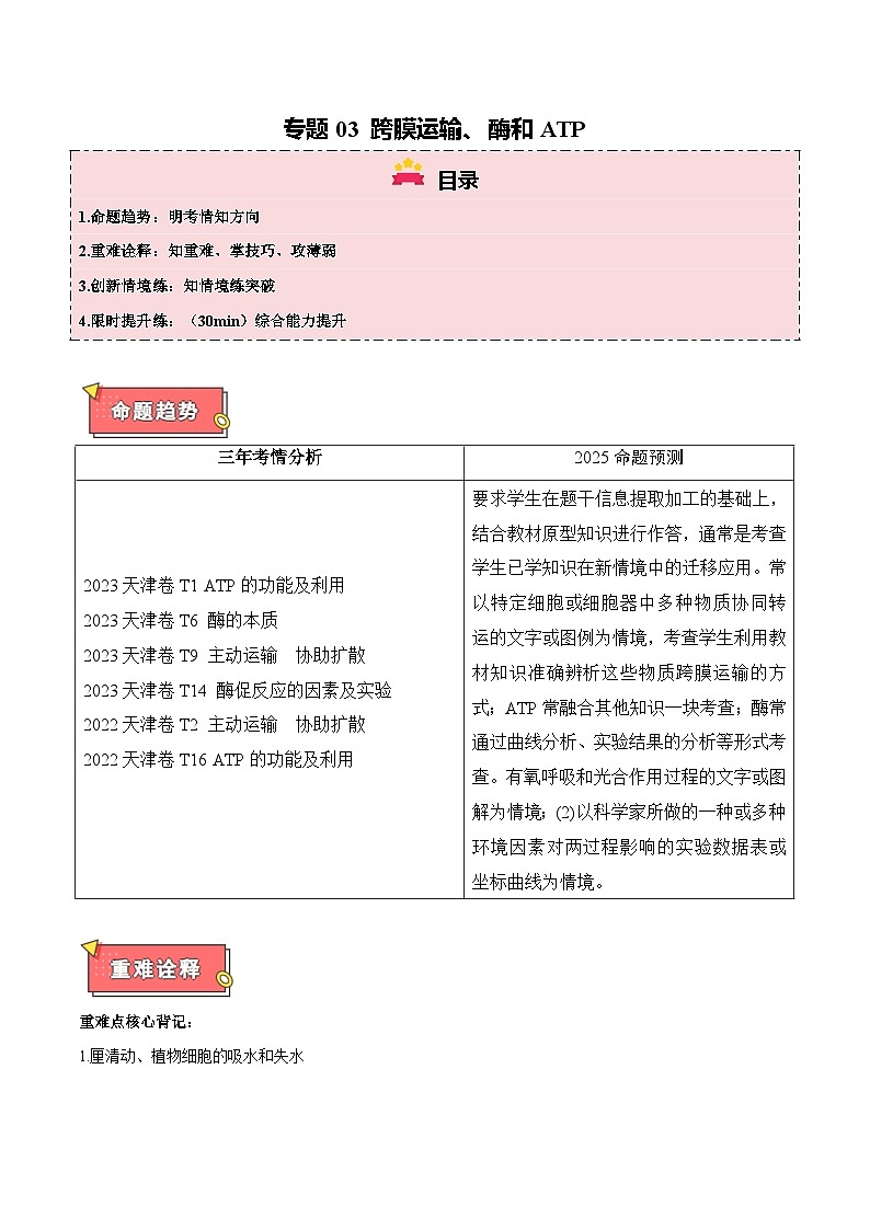 专题03 跨膜运输、酶和ATP-2025年高考生物 热点 重点 难点 专练（天津专用）（解析版）第1页