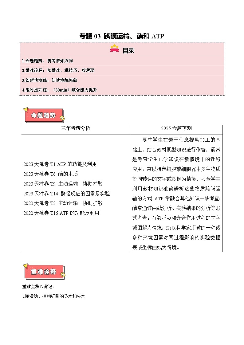 专题03 跨膜运输、酶和ATP-2025年高考生物 热点 重点 难点 专练（天津专用）（原卷版）第1页