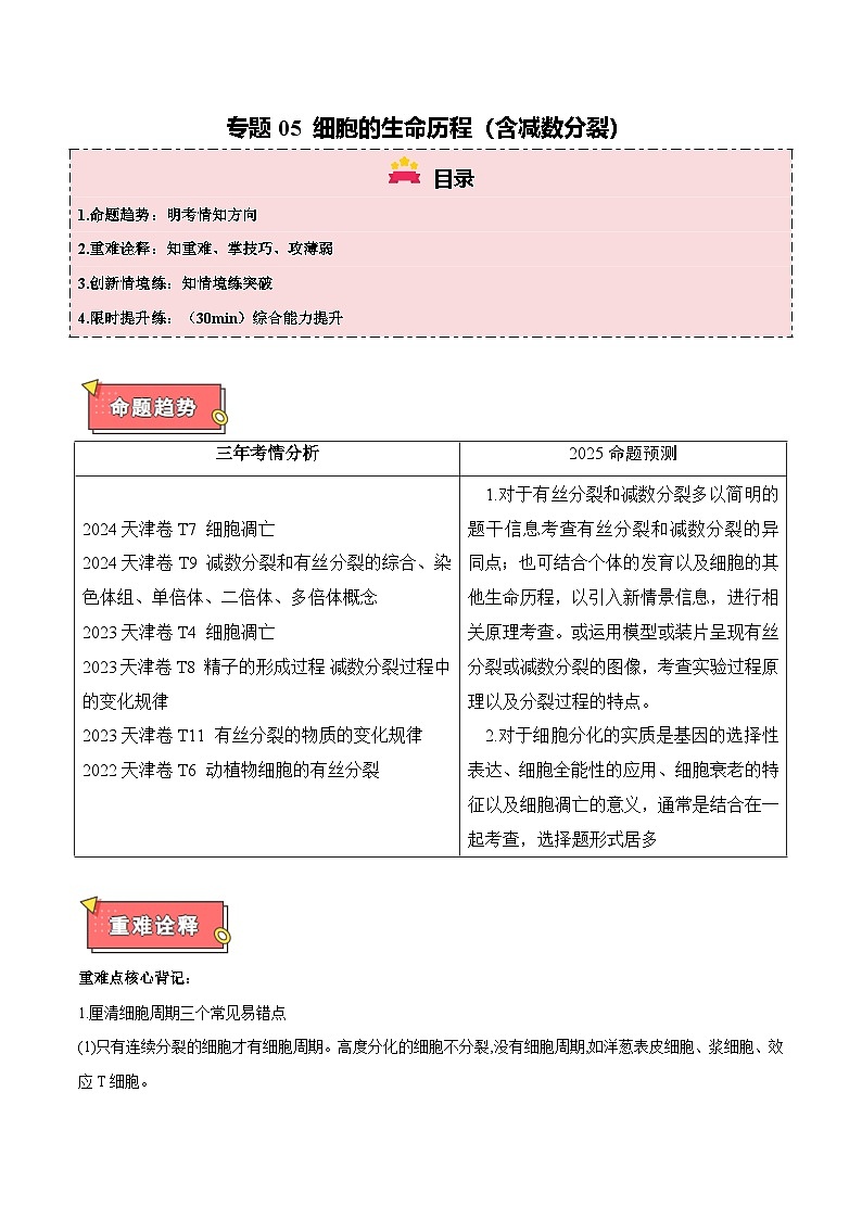 专题05 细胞的生命历程（含减数分裂）-2025年高考生物 热点 重点 难点 专练（天津专用）（解析版）第1页