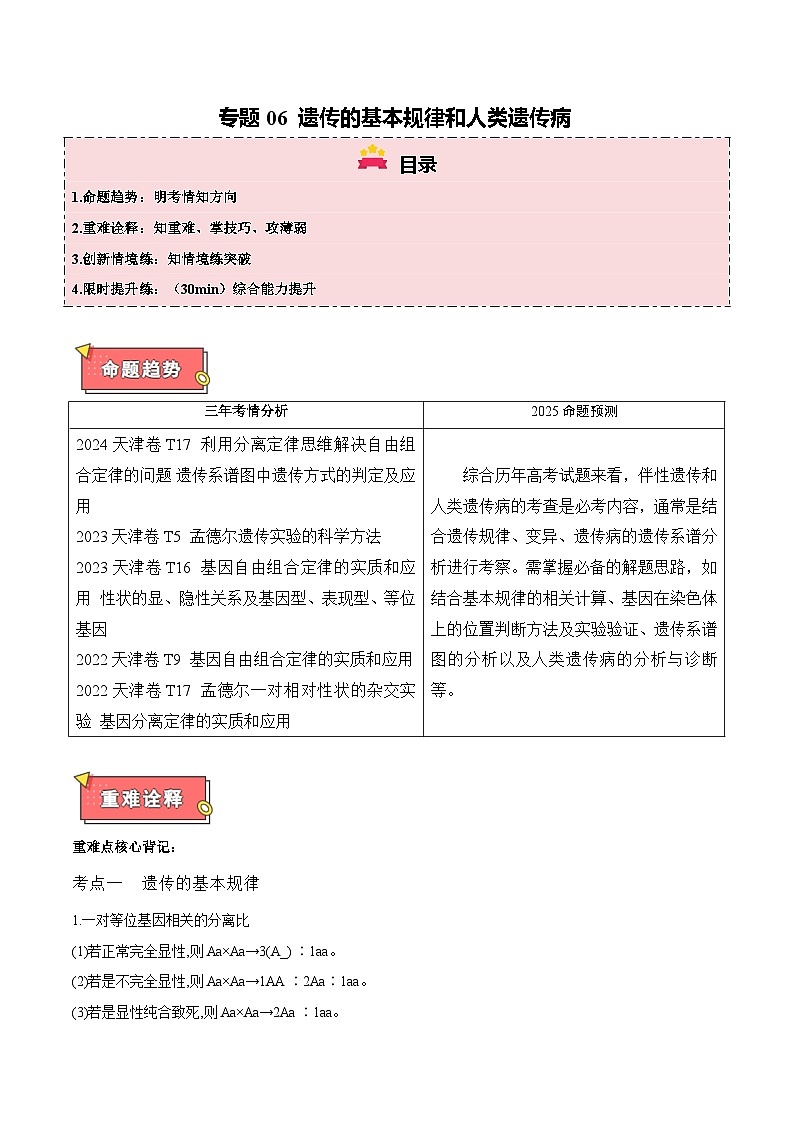 专题06 遗传的基本规律和人类遗传病-2025年高考生物 热点 重点 难点 专练（天津专用）（解析版）第1页