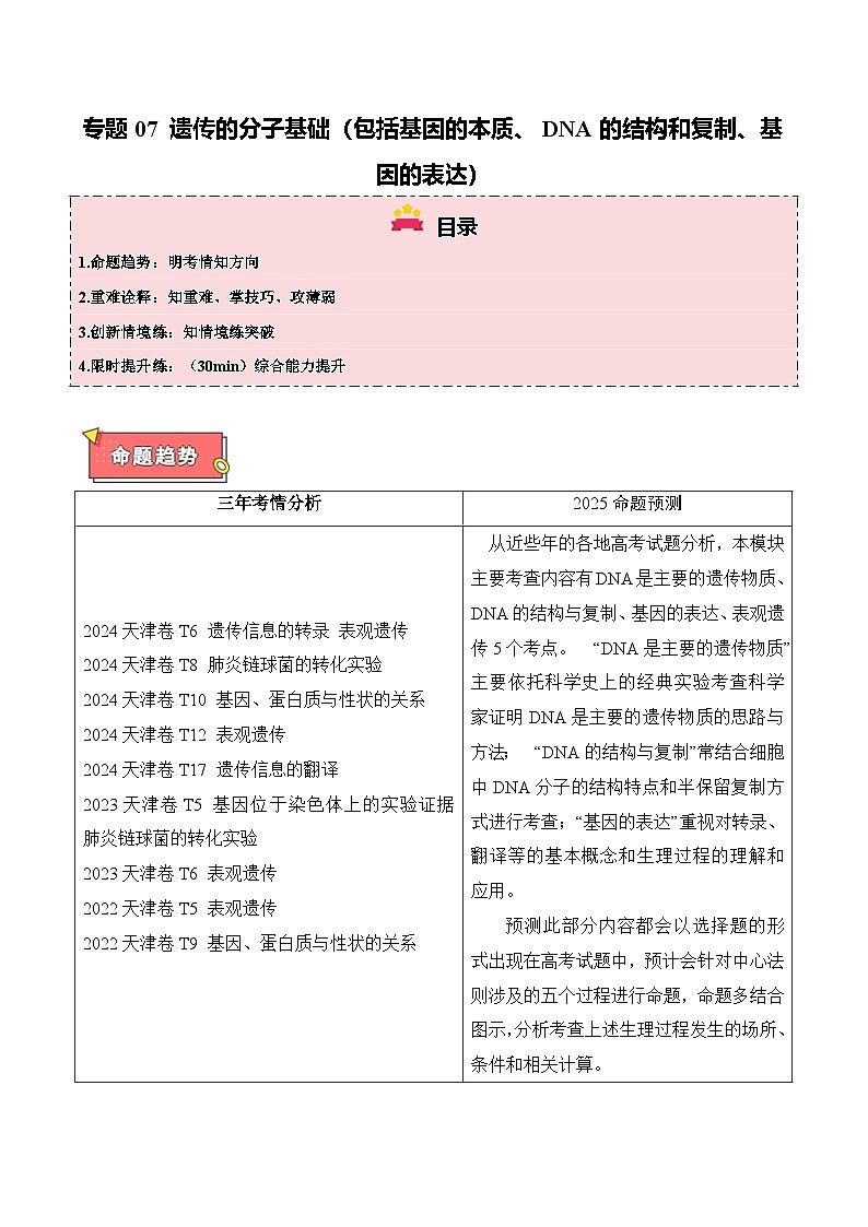 专题07 遗传的分子基础（包括基因的本质、DNA的结构和复制、基因的表达）-2025年高考生物 热点 重点 难点 专练（天津专用）（解析版）第1页
