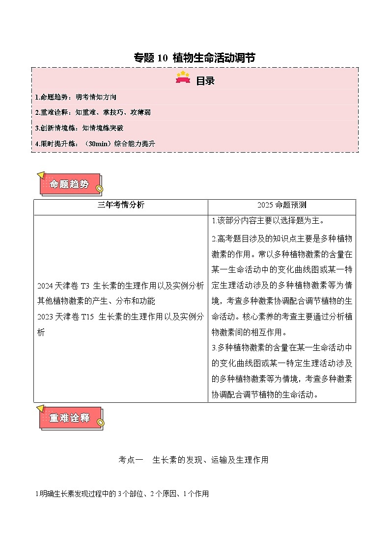 专题10 植物生命活动调节-2025年高考生物 热点 重点 难点 专练（天津专用）（原卷版）第1页